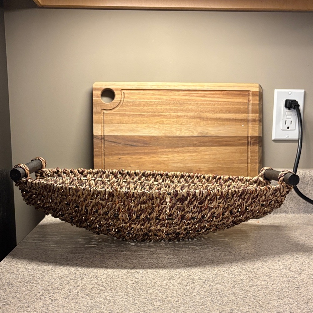 Kirklands Woven Seagrass Oval Basket with Wooden Handles - Brown & Tan